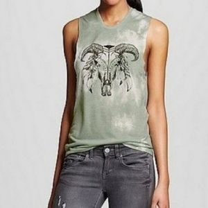 Fifth Sun Green and gray Tie Dye Cow Skull tank M